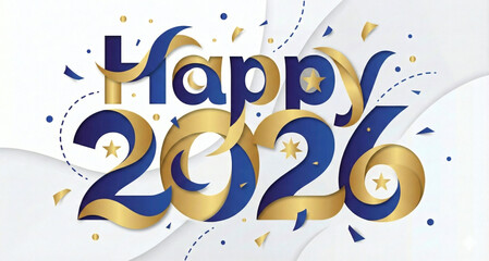 Festive new year 2026 greeting with golden lettering and confetti design