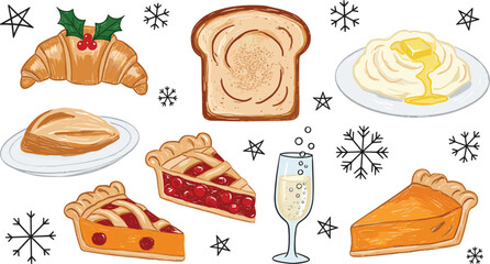 Crayon Sketch Christmas Party Menu Icons in Whimsical Styles.