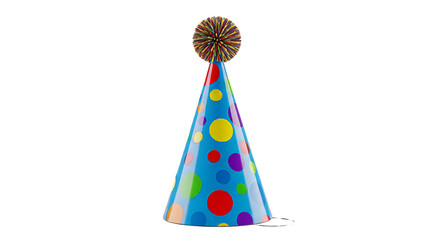 Festive blue party hat with colorful polka dots and pompom perfect for birthday celebrations and fun events on transparent background