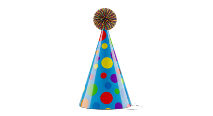 Festive blue party hat with colorful polka dots and pompom perfect for birthday celebrations and fun events on transparent background