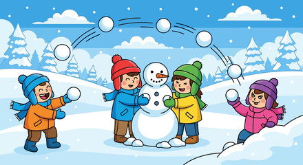 Naklejka premium Children Playing in Snow with Snowman – Joyful Winter Scene with Colorful Outfits and Snowball Fun
