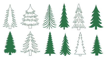 Obraz premium Stylized Evergreen Tree Collection – Hand-Drawn Forest Icons with Unique Shapes and Outlines