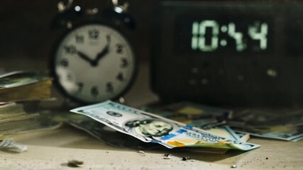 Time is money concept Heap of paper money (US dollar) smoking money smoke in office desk money banknotes laying around, close up shot - Powered by Adobe