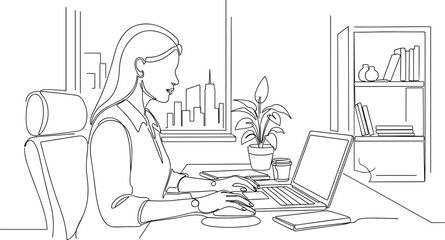 Creative One-Line Woman in Office Setting with Laptop.