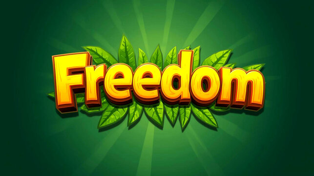 The word freedom in bold yellow text surrounded by green leaves on a dark background