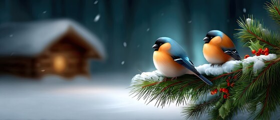 Two colorful birds perched on a snowy pine branch near a cozy cabin during a serene winter scene at dusk