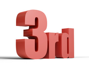 Bold Red 3rd Ordinal Number, Position Ranking Icon, Shiny Three-Dimensional Text Cutout Isolated on Transparent Background, 3D Render.