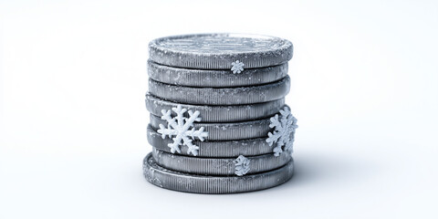 stack of coins adorned with delicate snowflakes, white and gray tones, soft lighting creating a serene atmosphere,