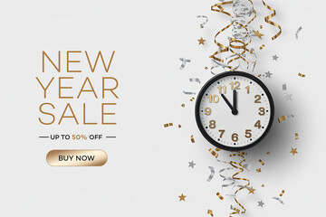 New Year Sale 2026 Minimal White Luxury Clock with Gold Confetti for Elegant Holiday Promotions