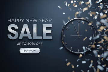 New Year Sale 2026 Countdown Offer with Elegant Clock and Falling Confetti Background