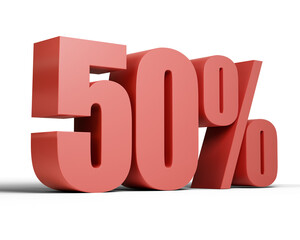 50 Percent Text Discount Sales Promotion Symbol, Large Red 3D Rendering of Fifty Percent isolated on Transparent Background for Marketing and Commercial Advertising Offer, Half Price Sign.