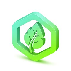 Isometric Green Leaf in Hexagon Frame - Eco-Friendly Design Element.