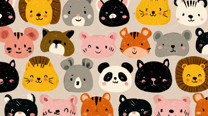 A collection of cute animal faces, each with a unique expression and design, creating a delightful and charming pattern. The colorful illustrations evoke a sense of playfulness and joy.