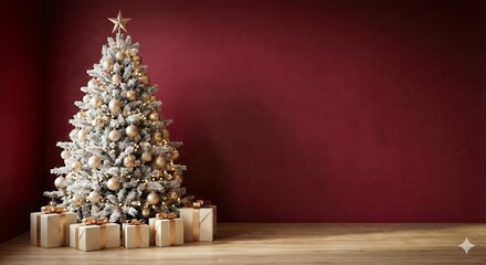 Flocked Christmas Tree on Dark Red Background - Elegant Gold Decorated Holiday Pine with Gifts and Copy Space for Card Design