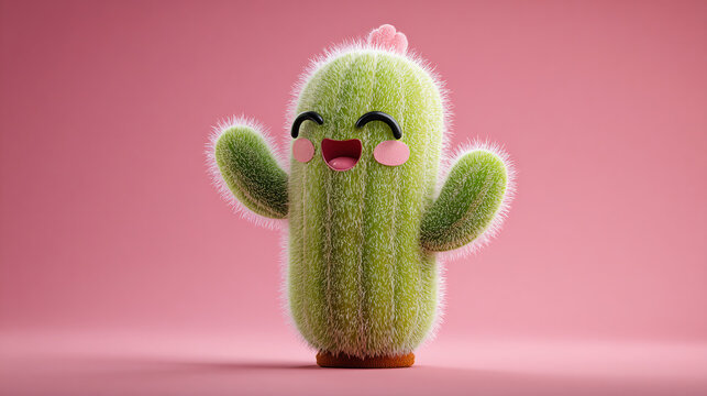 An adorable, smiling cactus with arms spread wide, conveying joy and warmth