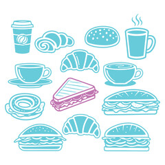 Various Breakfast and Lunch Items in Vector Format with Croissants Sandwiches Coffee and Burger