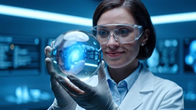 Scientist in lab coat, safety glasses, holding glowing sphere, cosmic research