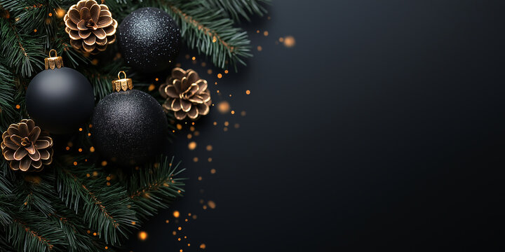 Fototapeta Christmas black decoration and spruce tree on black background. Merry Christmas and Happy Holidays greeting card, frame, banner. New Year. Noel. Winter festive xmas theme.  