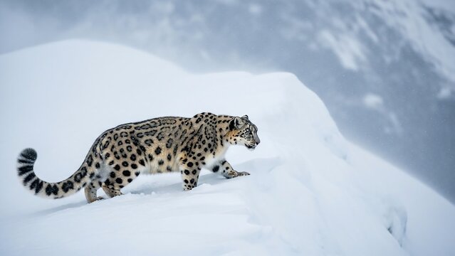 A snow leopard walking on a snowy ridge in a mountainous, winter landscape, showcasing its natural habitat. - Powered by Adobe