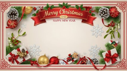 Holidays greeting card, frame, banner. New Year. Christmas ornaments and gifts, presents on light beige background