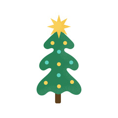 Christmas tree with star  and baubles isolated on white background. Minimalistic tree with grain texture. Merry Christmas and Happy New Year tree. Flat design. Vector illustration 