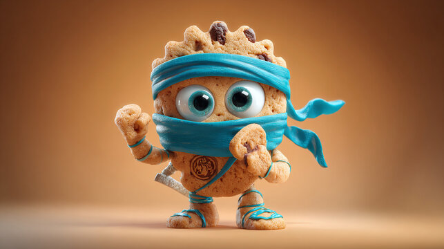A cookie dressed as a ninja is ready for action. It is cute and appealing with a brown background