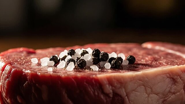 Close-up of Raw Red Meat Steak Seasoned With Coarse Salt And Black Peppercorns From Above With A Grinder