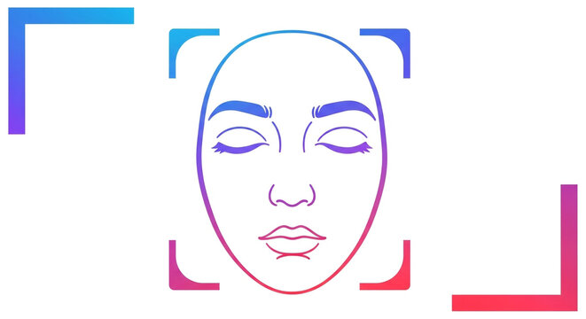 Facial recognition system scanning a stylized face with closed eyes, framed by colorful corner brackets
