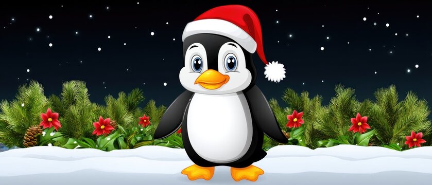 Cute penguin wearing a Santa hat standing on snowy ground with festive flowers and greenery in the background during a winter celebration - Powered by Adobe
