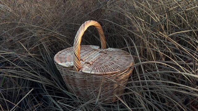 A wicker basket with a lid in tall, dry grass in autumn. Slow motion gentle breeze. Picnic basket, mushroom basket. Handmade, minimalist style, workshop