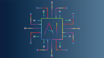Futuristic AI chip circuit illustration, vibrant colors symbolizing innovation and technology, representing the power of artificial intelligence in modern design.
