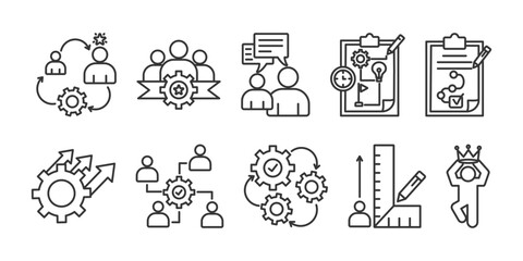 Fototapeta premium Change management icon set collection in outline style. Icon pack contain Change management, Transformation , Team, Communication, strategy, plan, improve, engage, execute, mearsure, succes,
