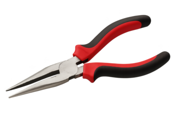 Long-nose pliers with red and black cushioned handles and metal pointed jaws