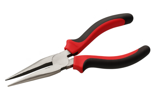 Long-nose pliers with red and black cushioned handles and metal pointed jaws