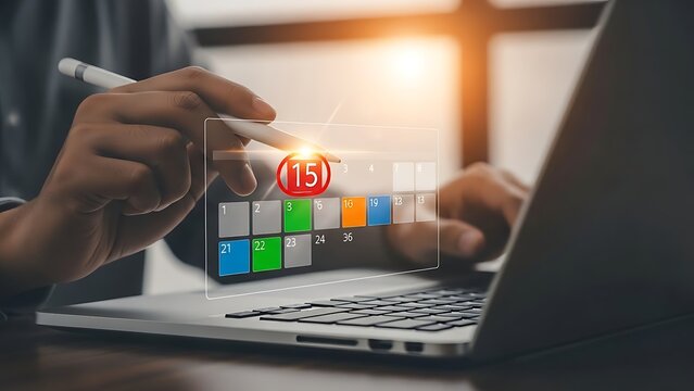 Businessman working on a laptop computer with hands typing on the keyboard for online business success