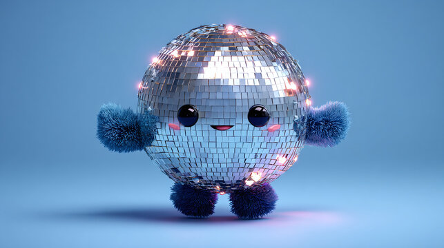 A joyful disco ball character with arms, legs, and twinkling lights smiling happily 