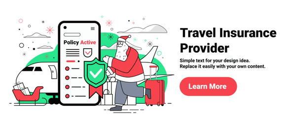 Santa travel insurance Christmas New Year 2026 concept Santa with suitcase airplane sleigh gifts insurance policy shield festive holiday travel banner