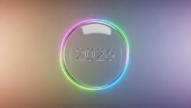 Minimal 3D Glass Badge with Embossed '2026' and Iridescent Highlights on Gradient Haze Background
