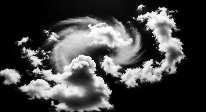 A swirling vortex of white clouds against a black background, creating a dramatic and dynamic visual effect for creative use
