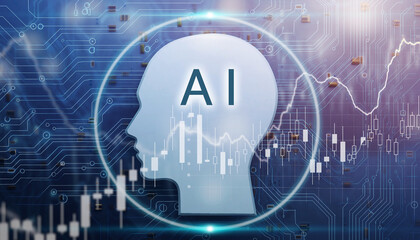 AI and The Future: An artistic rendering of a human head containing the letters AI symbolizes artificial intelligence, set against a backdrop of financial data and network connections.