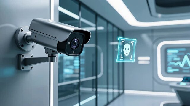 Futuristic metallic security camera with holographic data and behind woman showing digital identity verification and biometric access - Powered by Adobe