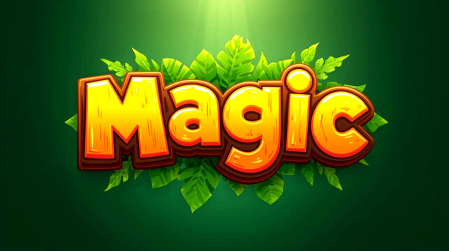 Golden word magic title design with jungle leaf element on dark green background