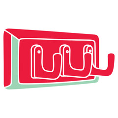 Whimsical wall mounted coat rack or storage hanger with three hooks in red and white with a light green border