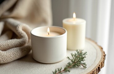 Scented candles on wooden slice beside cozy blanket and evergreen sprig