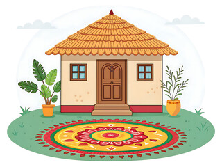 Simple home with rangoli pattern at doorstep, vector