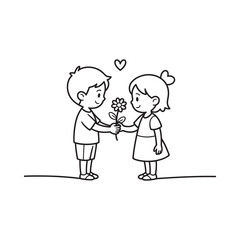 Sweet cartoon of a boy giving a flower to a girl