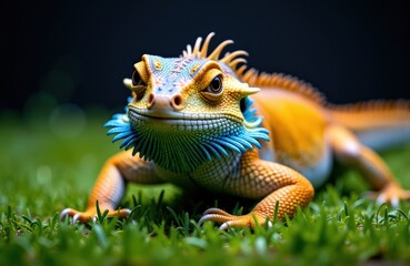 Colorful lizard with blue throat ruff rests on short grass with textured scales