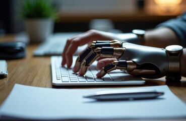 Prosthetic hand typing on keyboard in modern office with desk essentials