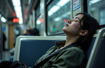 Woman sleeping on subway seat during late night commute with closed eyes