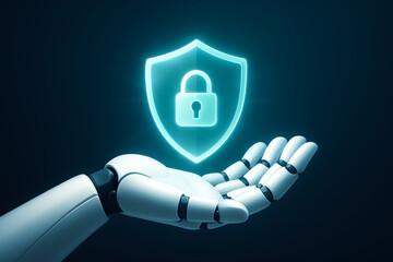 Futuristic robotic hand holding glowing digital shield with padlock - concept of AI security, data protection and trust in technology